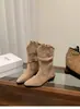 Botas Nuevas de Otoño con Tacón Apilado para Mujer Botas Vaqueras con Tacón Grueso Botines Bellos Plisados 2026 Caña Corta Punta Fina