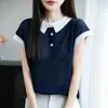 Top de Bambú y Lino para Mujer de Verano, Cuello Polo, Bloques de Color, Manga Corta, Holgado, Transpirable, Adelgazante, Artístico, Versátil, Algodón-Lino para Mujer