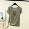 Nova camiseta de verão com renda e cadarço, manga curta, para mulheres, fina, estilosa, versátil, modeladora, plus size