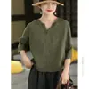 Elegante Camisa con Escote en V Pequeño y Mangas a Media Longitud, Top sin Botones