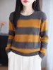 Suéter Pulóver de Punto con Rayas Horizontales de Bloques de Color Clásico Cuello Redondo para Mujer Manga Larga Holgado Adelgazante Suéter Capa Base Básica Otoño Invierno