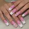 Modelo de Comercio Exterior Más Vendido: 24 Piezas Uñas Postizas Rectangulares Ultra Largas para San Valentín Francés, Arte de Uñas con Purpurina en Forma de Corazón Dulce, Venta al por Mayor