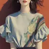 Elegante blusa con volantes estilo francés para mujer, camiseta de manga corta, nuevo estilo de verano, top holgado de cuello redondo, elegante y ligero