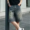 Shorts de Mezclilla Lavados Vintage Versátiles para Hombre, Holgados de Pierna Ancha Corte Recto Casual con Cordón de Cintura de Longitud Media