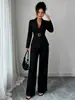 Conjunto de Traje de Comercio Exterior Estilo Europeo y Americano con Bloques de Color Suaves y Ribetes en Contraste, Cuello Solapa, Ceñido a la Cintura, Adelgazante, Cintura Alta, Pantalones Largos de Pierna Recta y Pierna Ancha