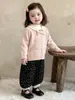 Conjunto de suéter rojo para niña, colección de otoño, con cuello tipo babero con moño, cárdigan tejido y pantalones de pierna ancha, un atuendo de dos piezas