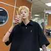 Camisa Polo Masculina de Manga Curta, Estilo Americano de Verão, Fresca e Estilosa, Camiseta Pesada, Caimento Solto Simples, Cor Sólida, Gola de Lapela, Camiseta de Meia Manga