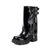 Botas de otoño e invierno para mujer de talla grande, hasta la pantorrilla, punta redonda, suela gruesa, plataforma impermeable, tacón alto de cuero, botas de equitación versátiles de calidad de exportación para mujer