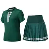 Traje Esportivo Transfronteiriço Gola V Manga Curta Falso Duas Peças Saia Plissada Verão Corrida Tênis Secagem Rápida Traje Fitness