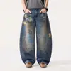 Estilo americano, graffiti com tinta respingada, desgastado, calça jeans de perna larga, masculina, moderna, estilosa, de corte solto, calça comprida oversized