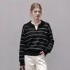 Suéter tejido casual de otoño holgado con bloques de color y rayas, con cuello camisero