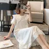 Camisón de verano para mujer, pijama de manga corta con cuello de muñeca de corte de corte, estilo princesa con encaje, ropa de casa dulce