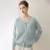 Cardigã escovado 100% caxemira pura Konsaini para mulheres, gola redonda, manga longa, suéter de tricô solto, blusa quente