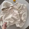 Conjunto de Roupa de Inverno para Bebês e Crianças Pequenas, Moletom com Capuz Bordado Estilo Coreano e Calça de Moletom em Fleece, Conjunto Casual de Duas Peças para Meninos e Meninas