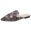 Estilo europeo nueva colección primavera/verano 2026: sandalias sexy estampadas, tachonadas con pedrería, adornadas con perlas, de punta, cerradas, con estampado de grafiti, de una sola tira