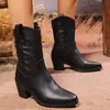 Botas de cuero estilo western cowboy de punta fina con tacón grueso, comercio exterior transfronterizo, retro, para mujer, nuevas, versátiles, sin cordones, talla grande, botas Martin