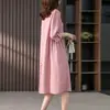 2025 Novo Verão Estilo Coreano Solto Cor Lisa Algodão e Linho Manga Três Quartos Vestido Feminino Comprimento Médio Vestido Camisa 9887 #