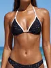 Nuevo Bikini Halter con Textura de Punto de Cruz Borde Blanco Bloques de Color Copas Triangulares Bañador de Cintura Baja Traje de Baño de Dos Piezas Mujer