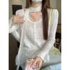 Cardigan de Tricô Longo Elegante com Recortes e Fita, Top de Tricô Fino, Suéter de Lã, Fábrica de Exportação