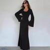 Vestido Casual de Vacaciones de Moda Europea y Americana para Mujer Transfronterizo Primavera y Otoño 2025 Suelto Cuello U Espalda con Cordones Manga Larga