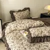 Conjunto de cuatro piezas de algodón lavado de lino estilo princesa retro francés para otoño e invierno, nueva funda de edredón de encaje, sábana, sábana bajera, ropa de cama
