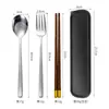 Acero inoxidable 304 Cuchara coreana Tenedor Palillos de madera Traje de cubiertos portátil de tres piezas Estudiante Viaje Exterior