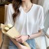 Camisa estilo francés para mujer, cuello en V, manga corta, estilo japonés, holgada, de verano, combinable, de satén, informal.