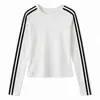 Top Básico de Manga Longa Branco Estilo Coreano para Mulheres, Primavera e Outono, Mangas Raglan, Listras Duplas, Senso de Design, Emagrecimento