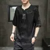 Camiseta bordada com padrão de dragão, modelagem solta, para homens, verão, brocado Hanfu de manga curta, estilo chinês de seda gelada de manga curta, jacquard vintage de estilo fino