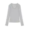 Camiseta gris fina ajustada de manga larga con cuello en V para mujer, casual de principios de otoño, adelgazante, básica, versátil, simple, top ins