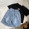 GL-kids - Pantalones vaqueros holgados informales de longitud media para niños, de estilo coreano, de verano, plisados y combinables para hombres y mujeres.