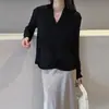 Estilo Nuevo Primavera/Verano 2026 Diseño de Pliegues de Nicho Camisa Base Delgada de Manga Larga con Cuello en V para Mujer, Camiseta Casual Holgada Versátil