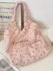 57201 Bolso de Lona Azul Floral con Estampado de Niña Estilo Francés, Bolso de Hombro de Gran Capacidad con Estampado de Letras para Estudiante de Nicho