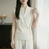 Tejido Fino con Cuello Abotonado Lateral, Mangas Cortas, Caída Delicada, Efecto Adelgazante, Temperamento Suave, Tejido de Verano para Mujer
