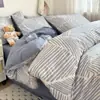 Juego de ropa de cama de cuatro piezas de algodón puro estilo nórdico, juego de tres piezas de sábana de algodón 100% a rayas, funda de edredón, sábana bajera, sábana de cama