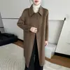 Nuevo abrigo de lana de doble cara para otoño e invierno para mujer, estilo largo con cuello Peter Pan, corte holgado, cinturón para atar a la cintura, abrigo de lana elegante y simple