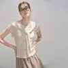 "Qiao Mi" Color Albaricoque Chal Falso de Dos Piezas Camiseta de Punto de Manga Corta para Mujer, Nuevo Top de Verano Estilo Francés Ajustado