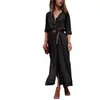 Vestido Longo de Manga Longa com Fenda, Novo Estilo de Comércio Exterior Europeu e Americano, Vestido Simples de Moda com Botões Múltiplos e Cinto para Mulheres, Primavera e Outono
