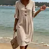 2026 Nuevo Vestido Largo Rayado de Cuello en V con Volantes y Botones Transfronterizo Moda Casual para el Trabajo Falda Larga Estilo Verano para Mujeres