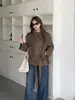 En stock, foto real: Chaqueta de gamuza de un solo botón, cuello mao estilo coreano, entalladora, vintage, top casual holgado para mujer