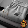 Calças Retas Largas Engrossadas Masculinas para Homens de Meia-Idade, Cintura Elástica, Calças Esportivas, Forradas com Lã, Cinza Escuro, Outono e Inverno