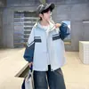 Chaqueta Cortavientos de Bloques de Color Otoñal para Niños, Chaqueta Cortavientos con Capucha Grande para Niños, Abrigo Deportivo Holgado de Manga Larga para Niños