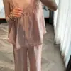 Conjunto de dos piezas de pijama para mujer estilo francés con ribete de encaje, color rosa nude suave, para verano, talla grande, camisola y pantalón largo, dos piezas de ropa para el hogar amigable con la piel