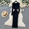 Elegante Vestido de Punto con Cuello en V para Mujer 2026 Otoño Adelgazante Manga Larga Estilo Perezoso Suave Falda Larga
