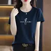 Camiseta de Manga Corta de Algodón Puro de Alta Calidad para Mujer Verano Nuevo Estilo Coreano Sencilla Diaria Accesible Lujo Camiseta Cuello Redondo Top Estampado