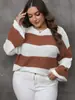 Roupas femininas plus size transfronteiriças europeias e americanas, suéter de tricô listrado com blocos de cor, top de tricô casual solto para mulheres