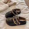 Pantuflas de cuero Birkenstock de suela gruesa forradas de pelo 2026 nuevo estilo mujer invierno punta cerrada sin cordones cálidos zapatos de algodón mujer