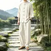 Conjunto de Camisa y Pantalones de Algodón y Lino para Hombre Estilo Chino Nuevo Verano 2026, Traje Tang con Cuello de Botones, Conjunto Casual de Dos Piezas