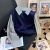 Suéter de punto de manga larga con retazos a rayas, efecto dos piezas, para mujer, nuevo estilo otoño e invierno, top de punto elegante y versátil, juvenil y moderno