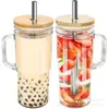 Amazon Taza de cristal Mason de 24 oz con asa de bambú, tapa y popote brillante para bebidas frías, té de leche, vaso para jugo